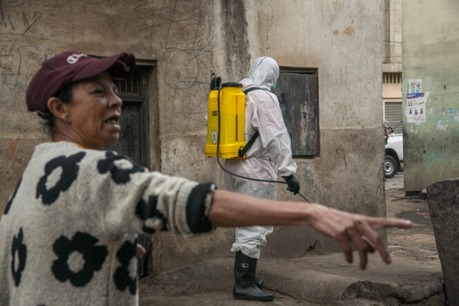 Un agent de santé désinfecte les rues à Antananarivo, le 3 avril 2020.
