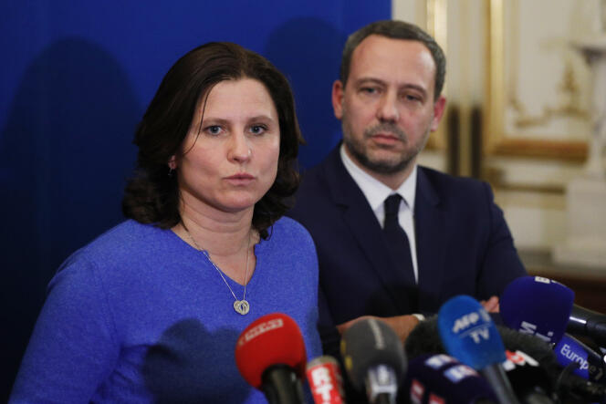 Roxana Maracineanu et Adrien Taquet lors de la conférence de presse suite à la convention sur les violences sexuelles, le 5 février, à Paris.