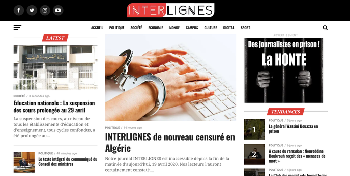 La page d’accueil du site d’information algérien Interlignes le 20 avril 2020.