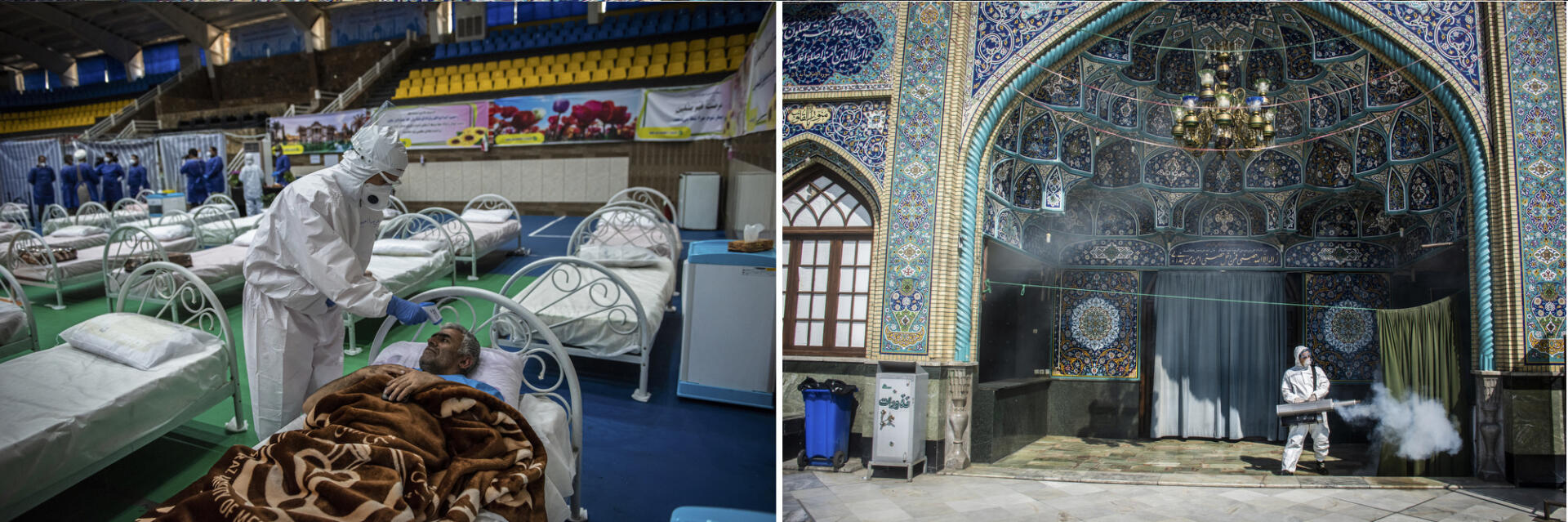 (A gauche) A Shiraz, le stade a été transformé en hôpital pour malades du Covid-19, le 25 mars. (A droite) A Téhéran, un mausolé est désinfecté, le 6 mars.