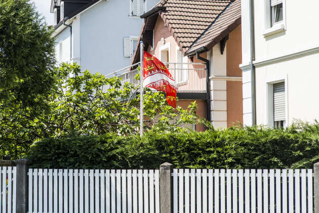 Un drapeau de l'Alsace flotte  dans le jardin d’une maison du Quartier Bourzwiller. .