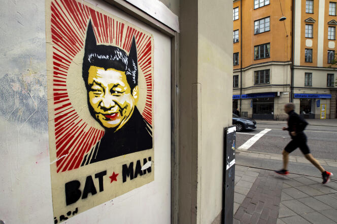 Poster showing Xi Jinping on a street in Stockholm, May 6, 2020. 