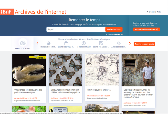 Capture of the research application in the archives of the French Internet as the researchers use it at the BNF and in the partner libraries.