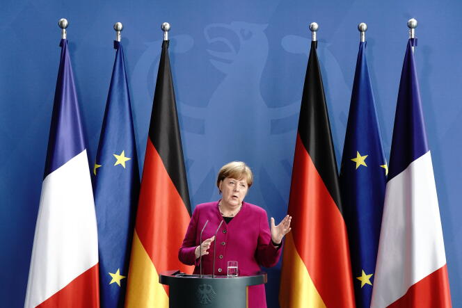 Angela Merkel lors de la conférence de presse qui a suivi la vidéo-conférence avec Emmanuel Macron, le 18 mai, à Berlin.