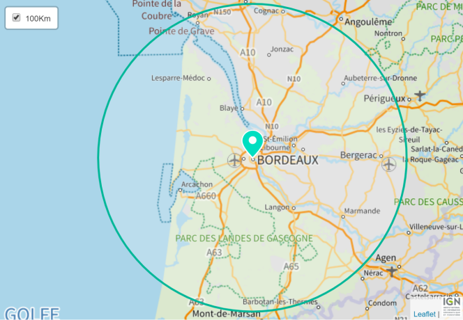 Exemple de résultat de la limite des 100 km autour de Bordeaux, issu de Géoportail.