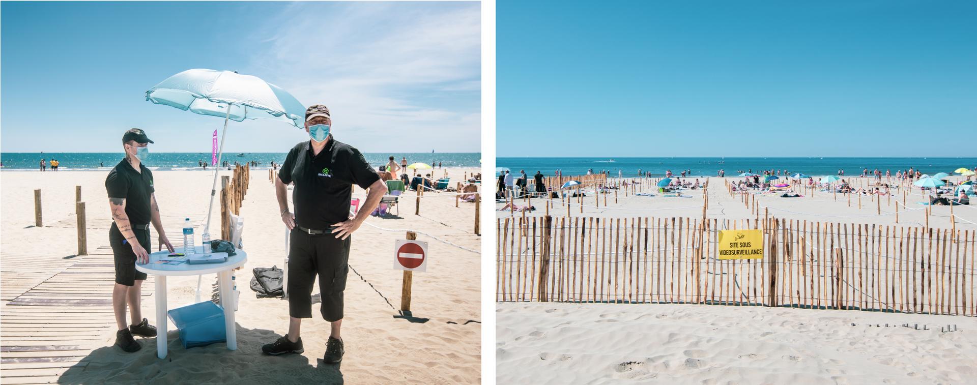 Premier jour d'ouverture du dispositif de la « plage statique », permettant aux plagistes de se baigner et de rester sur le sable à l'intérieur d'un emplacement délimité. Trois agents de sécurité et une caméra de vidéosurveillance assurent le bon déroulement des activités.