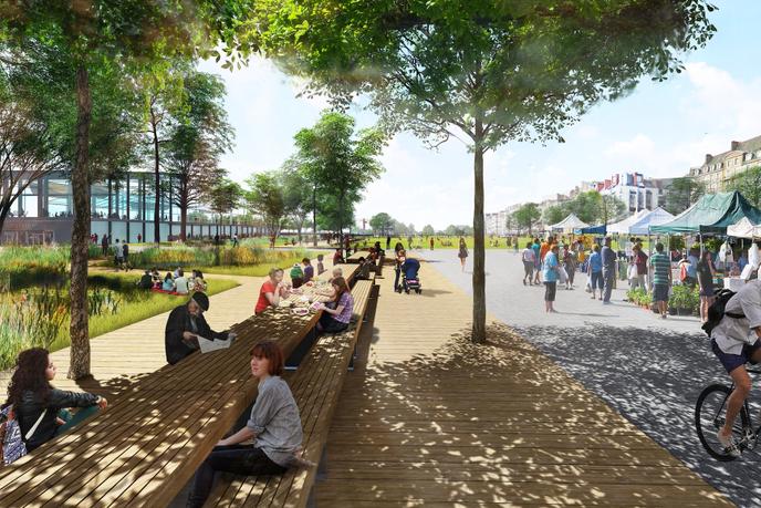 Projet de transformation de la place de la Petite-Hollande à Nantes, aujourd’hui parking à ciel ouvert, en un vaste espace vert.