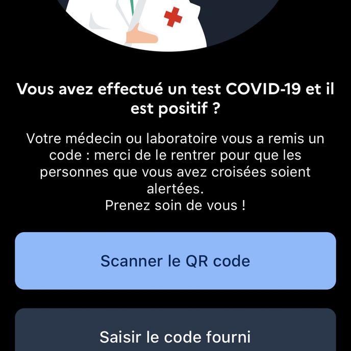 L’interface de StopCovid invitant à déclarer le fait d’avoir contracté le Covid-19, selon les captures d’écran diffusées par le gouvernement, mardi 26 mai.