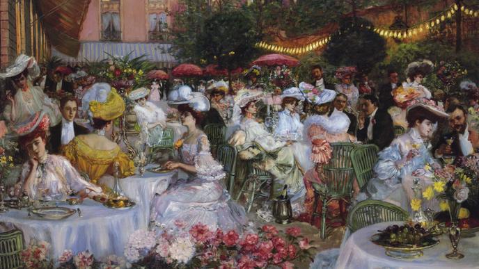 Tableau représentant les jardins du Ritz, à Lucerne (Suisse) dans les années 1870.