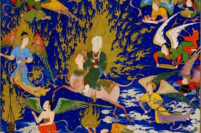« Le Voyage nocturne (Miraj) du Prophète, chevauchant le cheval Bouraq, entouré d’anges », miniature issue du « Khamsé », de Nizami, attribué au Perse Sultan Muhammad (XVIe siècle).