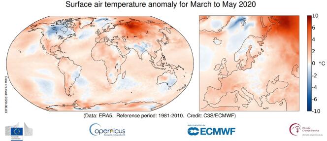 En mai, les températures les plus élevées par rapport à la normale, et même « très anormales », ont été relevées en Sibérie, avec près de 10 °C au-dessus de la normale.