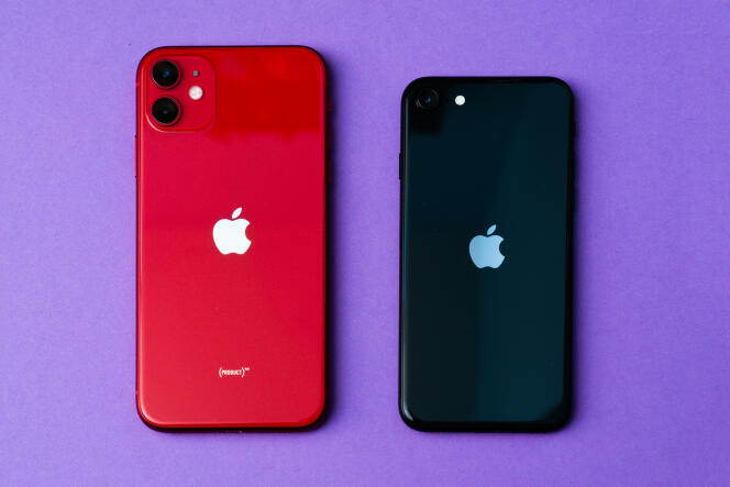 L’iPhone SE (à droite) intègre un appareil photo mono-objectif contre un objectif classique doublé d’un objectif ultra grand-angle pour l’iPhone 11 (à gauche).