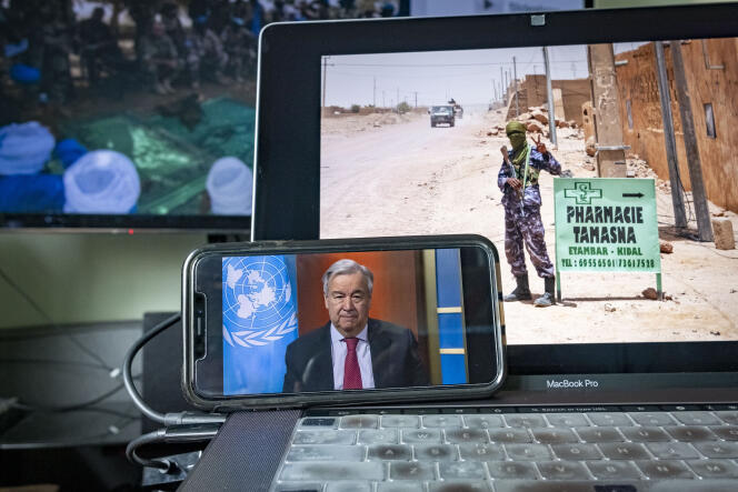 Le secrétaire général de l’ONU, Antonio Guterres, lors d’une conférence de presse en ligne, le 3 avril 2020.
