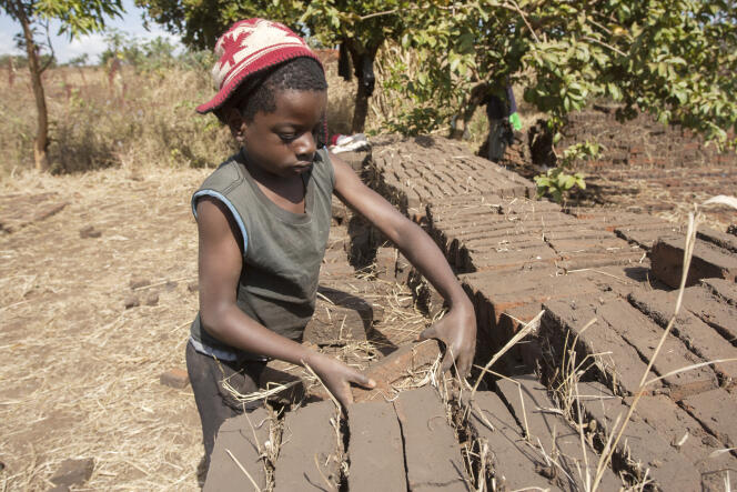 Un enfant empile des briques pour gagner de l’argent, au village de Chilaka, au Malawi, le 7 juin 2019.