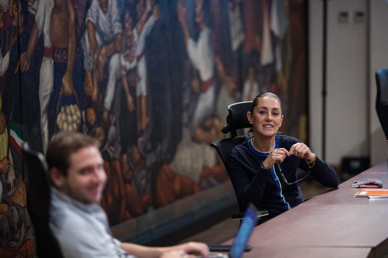 LISETTE POOLE POUR June 10, 2020 - Dr. Claudia Sheinbaum, the mayor of Mexico City holds a meeting about COVID-19. The mural by Ariosto Otero is called