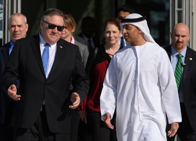 US Secretary of State Mike Pompeo (left) with the Emirati Ambassador to the United States, Yousef Al-Otaiba, on January 13, 2019 in Abu Dhabi.