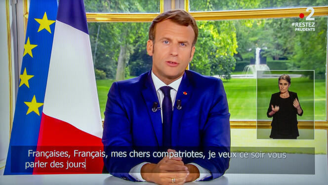 Le président Emmanuel Macron s’exprime depuis l’Elysée, le 14 juin.