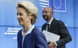 European Council President Charles Michel, right, and European Commission President Ursula von der Leyen walk off the podium during media conference after an EU summit, in video conference format, at the European Council in Brussels, Friday, June 19, 2020. As they brace for the worst economic downturn since the Great Depression, leaders of the European Union's member states discussed on Friday the bloc's future long-term budget and a multi-billion post-coronavirus recovery plan. (Olivier Hoslet, Pool Photo via AP)