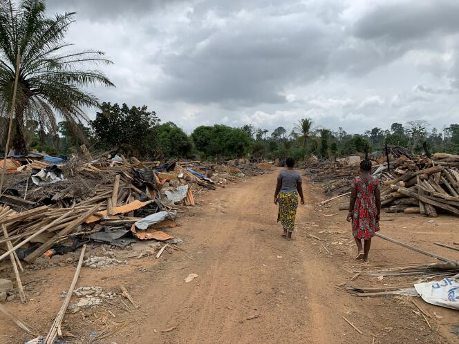 Natacha, 18 ans, et sa sœur Alida, 14 ans, parcourent le village de Jean-Claudekro, rasé par la Société de développement des forêts, dans l’ouest de la Côte d’Ivoire.