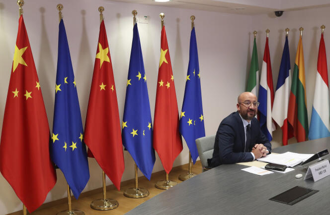 Le président du Conseil européen, Charles Michel, avant sa visioconférence avec le président chinois Xi Jinping, à Bruxelles, le 22 juin.