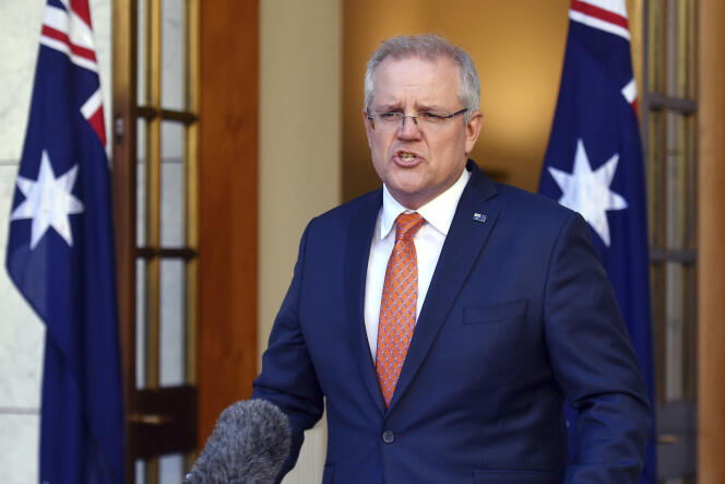Le premier ministre australien, Scott Morrison, lors d’une conférence de presse à Canberra, le 9 juillet.