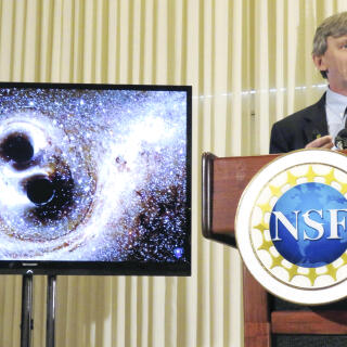 David Reitze, a physicist and the Laser Interferometer Gravitational-Wave Observatory (LIGO),  executive director at the California Institute of Technology announces that gravitational waves, Albert Einstein forged the bedrock theory of modern physics 100 years ago, have been spotted for the first time at a news conference in Washington, D.C. on Feb. 11, 2016.  ( The Yomiuri Shimbun )