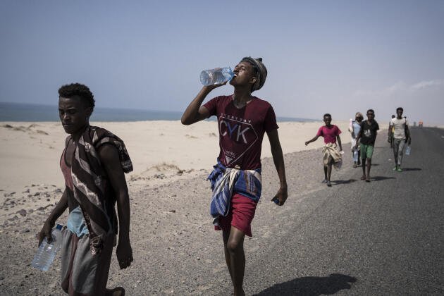 Sur la route de la côte sud du Yémen, entre Ras-El-Arah et Aden. Les Oromo marchent quatre à cinq jours pour rallier la grande ville du Sud depuis leur point de débarquement.