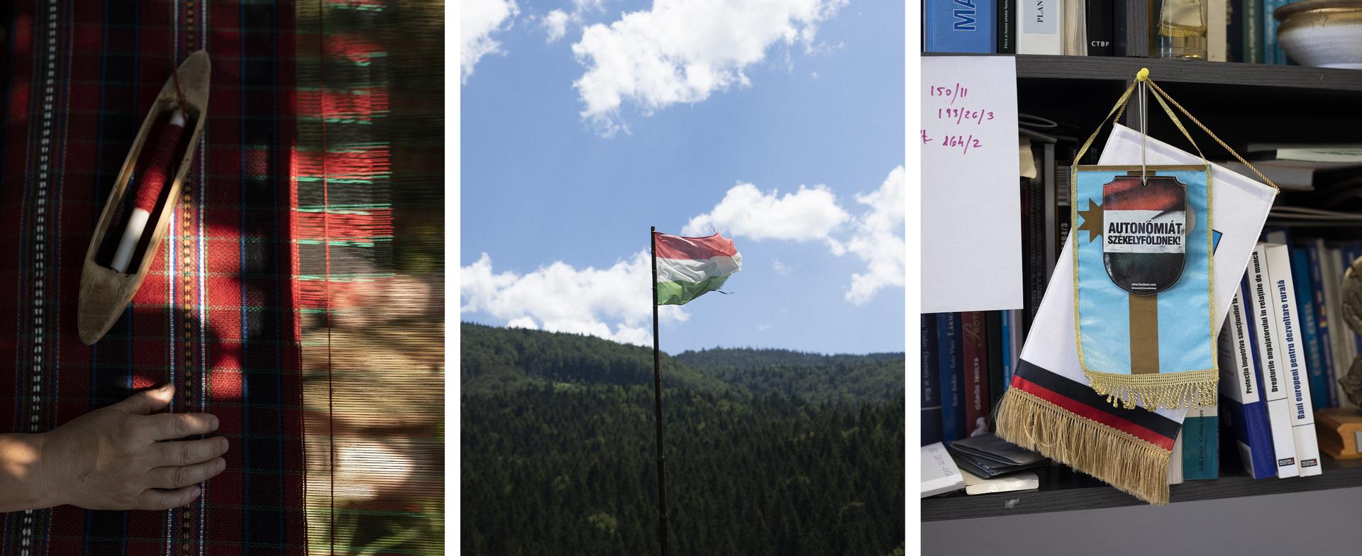 De gauche à droite : Le métier à tisser de Paulina Ghiur, enseignante à l’école hongroise de Galbeni, le 3 juillet. Un drapeau hongrois en lambeaux flotte dans le cimetière de guerre de la vallée d’Uzului, le 2 juillet. Dans le bureau d’Andras Gergely, le maire de Csikszentmarton en Roumanie, le drapeau des Sicules sur lequel figure un appel à l’autonomie de la minorité hongroise de Roumanie.