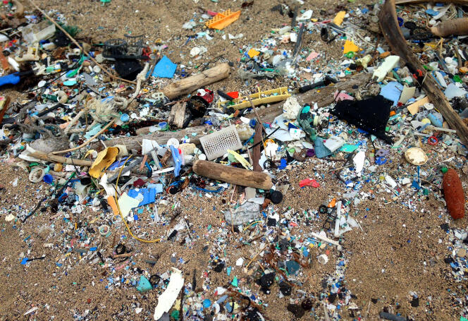 Déchets en plastique rejetés sur une plage d’Hawaï, en 2016.