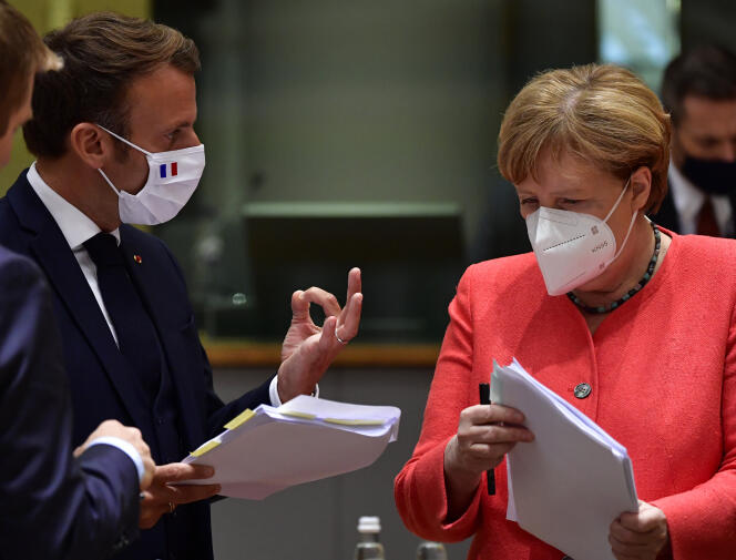 Angela Merkel et Emmanuel Macron lors du sommet européen qui s’est tenu le 20 juillet à Bruxelles.