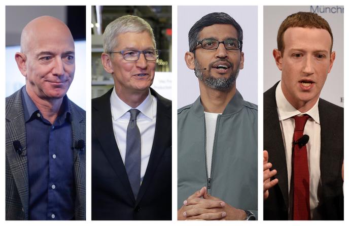 Le PDG d’Amazon, Jeff Bezos, le PDG d’Apple, Tim Cook, le PDG d’Alphabet (Google), Sundar Pichai, et le PDG de Facebook, Mark Zuckerberg.