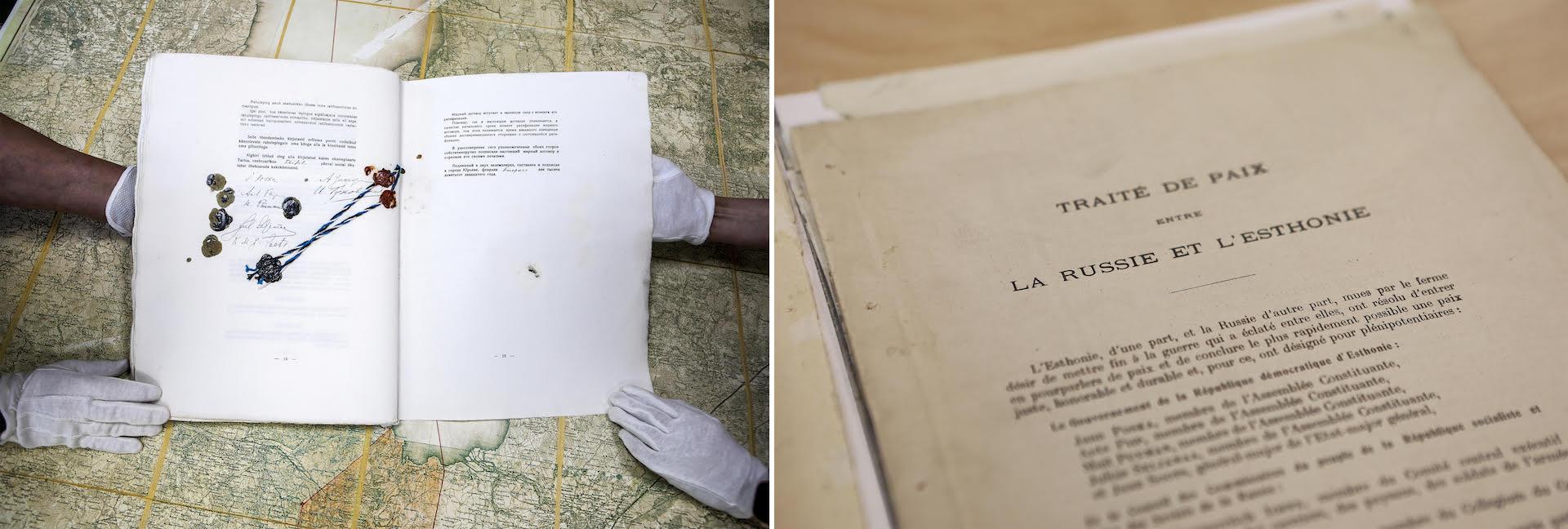 A gauche, l’original du traité de Tartu, conservé aux Archives nationales de Tallinn, en Estonie. A droite, un détail du traité traduit en français, en 1922.