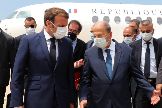 Le président français, Emmanuel Macron, et le président libanais, Michel Aoun, à Beyrouth, le 6 août.