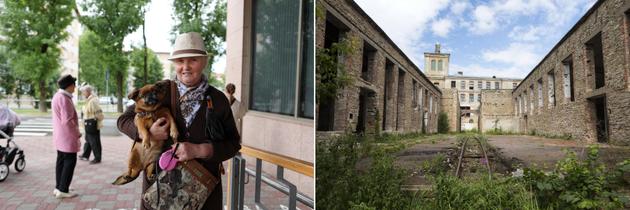 A gauche : une ancienne ouvrière de l’usine textile Kreenholm, avec son chien Newsha, près du centre commercial de Narva, en Estonie. A droite : l’ancienne voie ferrée qui menait à l’entreprise, désormais ouverte uniquement aux touristes en tant qu’ancienne plus grande usine textile européenne.