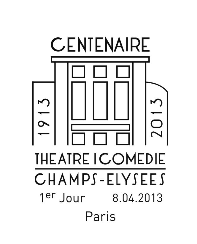 Timbre à date « premier jour » grand format illustré pour le centenaire du Théâtre des Champs-Elysées, par Elsa Catelin.