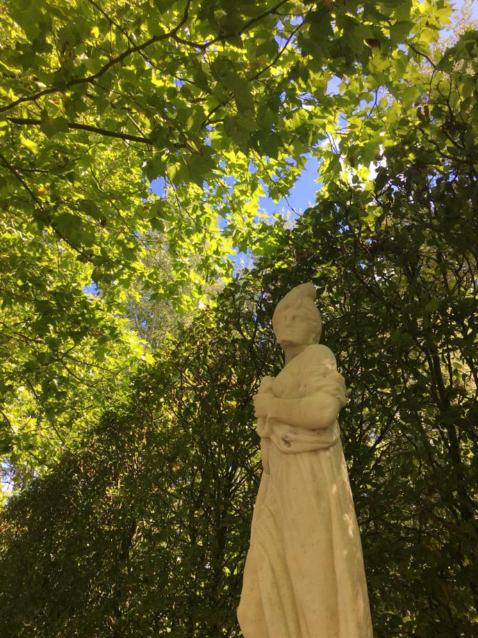 Une statue, entre allée de platanes et rideau de charmille.