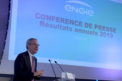 French energy company Engie's chairman of the board Jean-Pierre Clamadieu talks during a press conference to present the group's 2019 results in La Defense near Paris on February 27, 2020. (Photo by ERIC PIERMONT / AFP)