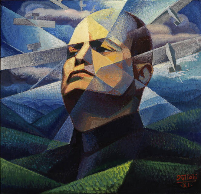 Portrait (1933) de Benito Mussolini, par Gerardo Dottori. Ce peintre appartenait au mouvement futuriste, dont une partie des membres a soutenu activement le fascisme.