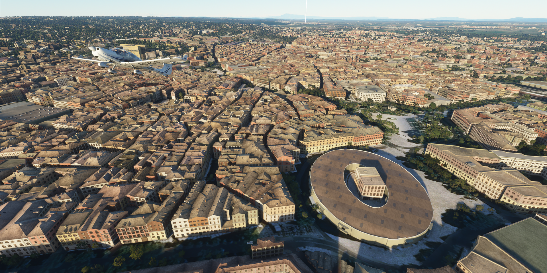 Les arènes de Nîmes dans « Microsoft Flight Simulator ».