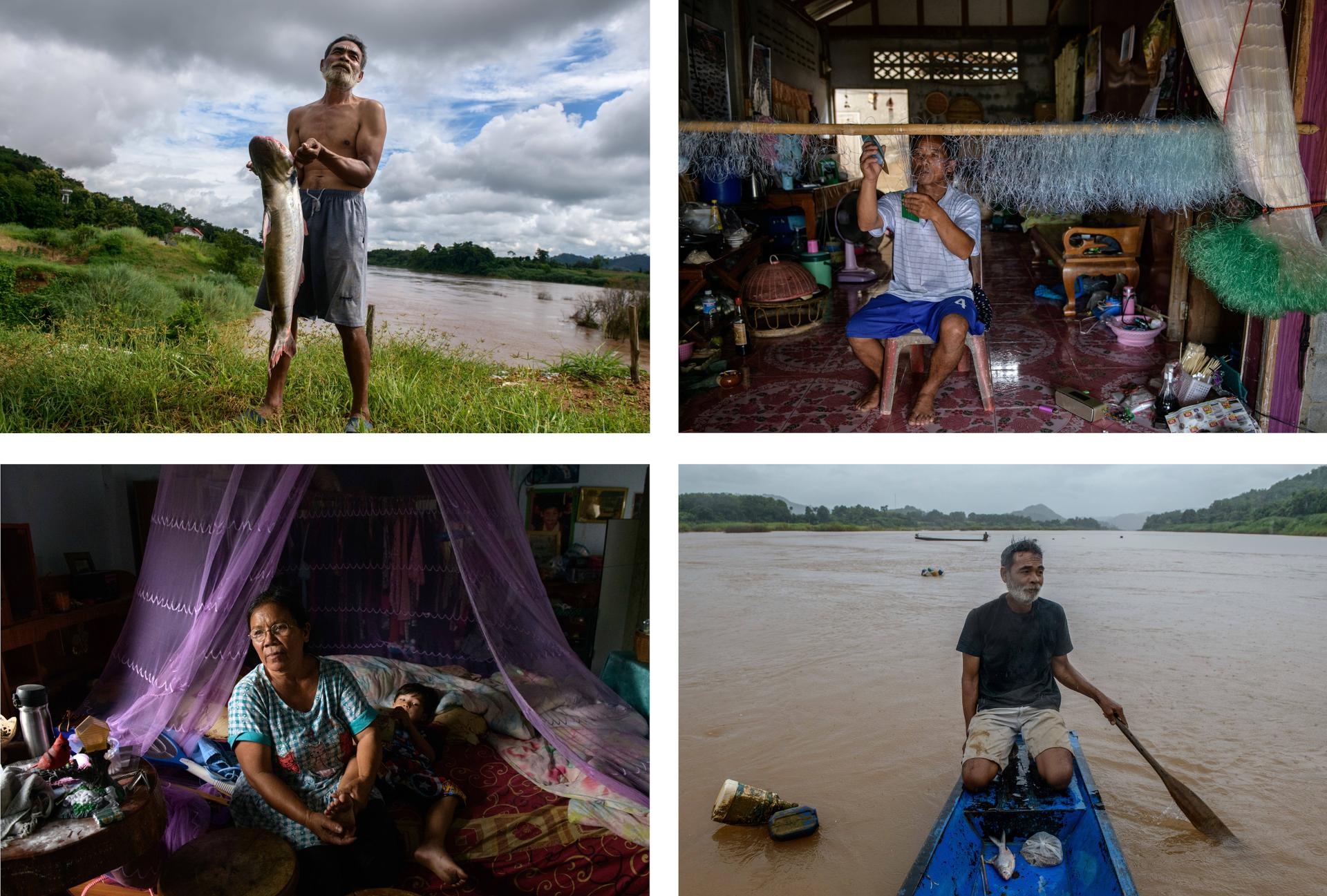 De gauche à droite :  le poisson-chat, une espèce en déclin en raison de la baisse du niveau des eaux du Mékong qui empêche les poissons de remonter le fleuve durant la saison de la ponte. Sompron Ruankham, 56 ans, a maintenu ses activités de pêche pour subvenir aux besoins de sa grande famille. Saman Ruankham, 58 ans, est la seule femme pêcheur à Chiang Khan, région de Loei (Thailande). Appartenant à une famille pratiquant cette activité depuis plusieurs générations, elle a commencé ce métier à l’âge de 17 ans. Un pêcheur sur le Mékong, le plus gros réservoir de poissons d’eau douce de la planète.