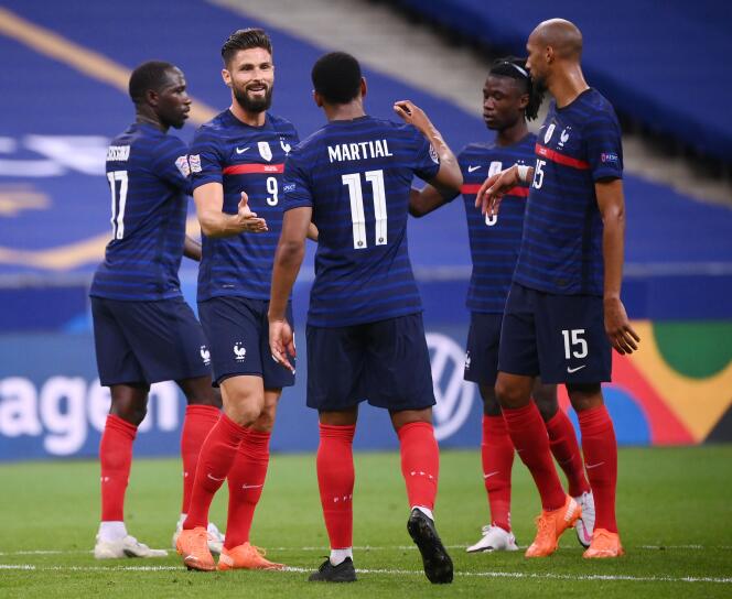 L’attaquant Olivier Giroud et ses coéquipiers lors du match de la Ligue des nations de l’UEFA entre la France et la Croatie, le 8 septembre 2020 au Stade de France, à Saint-Denis.