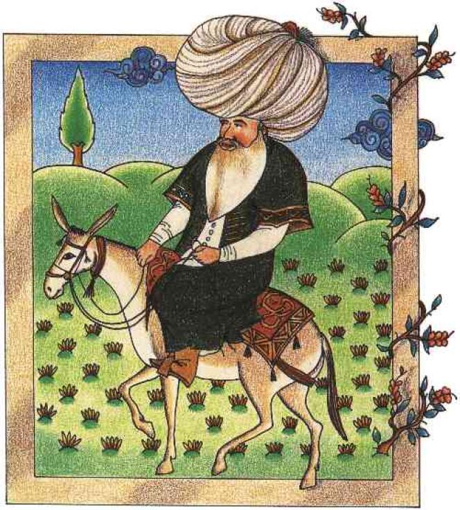 Nasreddine Hodja, miniature du XVIIe siècle, bibliothèque du palais de Topkapi, à Istanbul.
