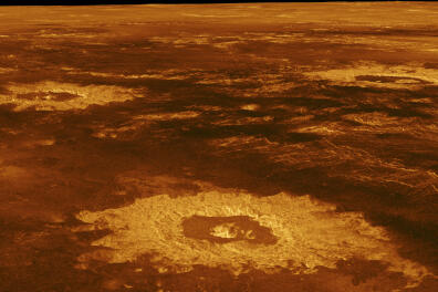 Three impact craters are displayed in this three-dimensional perspective view of the surface of Venus. The center of the image is located at approximately 27 degrees south latitude, 339 degrees east longitude in the northwestern portion of Lavinia Planitia. The viewpoint is located southwest of Howe Crater, which appears centered in the lower portion of the image. Howe is a crater with a diameter of 37.3 kilometers (23.1 miles) located at 28.6 degrees south latitude, 337.1 degrees east longitude. Danilova, a crater with a diameter of 47.6 kilometers (29.5 miles), located at 26.35 degrees south latitude, 337.25 degrees east longitude, appears above and to the left of Howe in the image. Aglaonice, a crater with a diameter of 62.7 kilometers (38.9 miles), located at 26.5 degrees south latitude, 340 degrees east longitude, is shown to the right of Danilova. Magellan synthetic aperture radar data is combined with radar altimetry to develop a three-dimensional map of the surface. Rays cast in a computer intersect the surface to create a three-dimensional perspective view. Simulated color and a digital elevation map developed by the U.S. Geological Survey are used to enhance small-scale structure. The simulated hues are based on color images recorded by the Soviet Venera 13 and 14 spacecraft. The image was produced at the JPL Multimission Image Processing Laboratory and is a single frame from a video released at the May 29, 1991