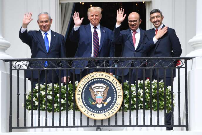 Donald Trump, Benyamin Netanyahu, Abdullatif Al-Zayani et Abdullah Ben Zayed Al-Nahyane, mardi 15 septembre à la Maison Blanche.