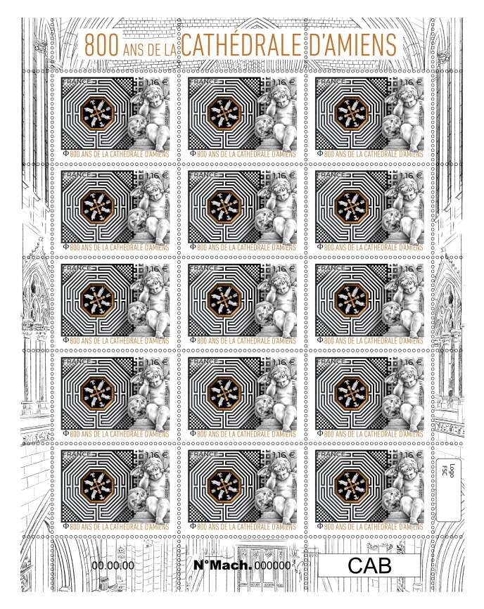 « 800 ans de la cathédrale d’Amiens », timbre créé par Florence Gendre, gravé par Line Filhon et imprimé en taille-douce (2020).