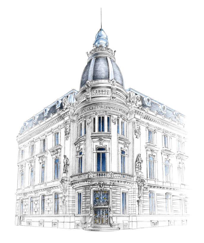 Dessin d’architecture, ancienne chambre de commerce de Grenoble, crayon graphite, colorisation Photoshop, 2018
