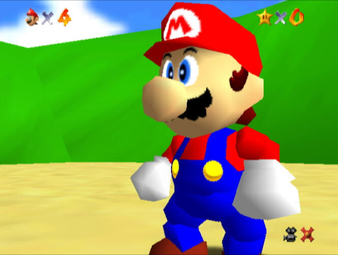 Mario, toujours aussi anguleux dans « Super Mario 64 », et toujours aussi carré également, le jeu étant dépourvu de mode 16/9e.