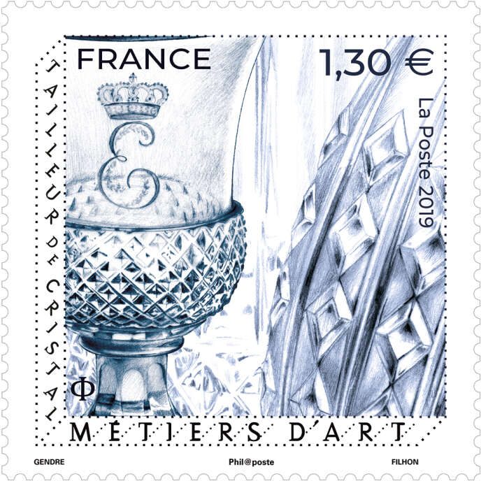 « Métiers d’art. Tailleurs de cristal », timbre dessiné par Florence Gendre, gravé par Line Filhon, imprimé en taille-douce (2019).