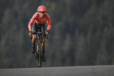 Colombia's Nairo Quintana climbs during stage 20 of the Tour de France cycling race, an individual time trial over 36.2 kilometers (22.5 miles), from Lure to La Planche des Belles Filles, France, Saturday, Sept. 19, 2020. (Marco Bertorello/Pool via AP)