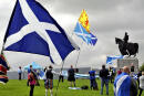 People participate in the independence demonstration in Stirling, Scotland on Aug. 19, 2020. Demonstrators holding Scottish flags maintained social distancing. ( The Yomiuri Shimbun via AP Images )/YOMIU/20238128242271/JAPAN OUT/2008250534